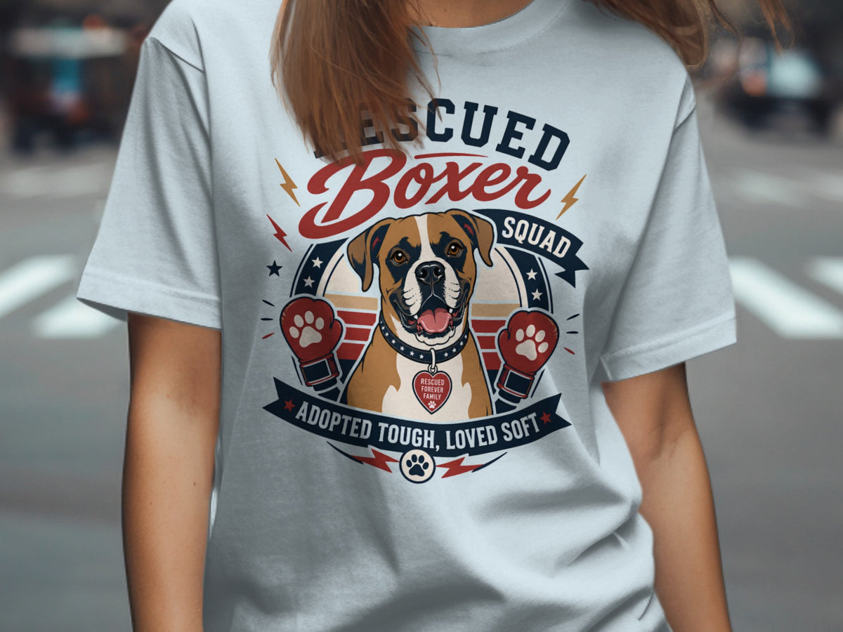 Boxer dog wearing boxing gloves with text "Rescued Boxer Squad".