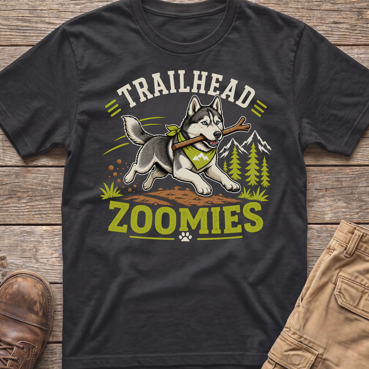 Husky running with stick and bandana text "Trailhead Zoomies" on dark t-shirt.