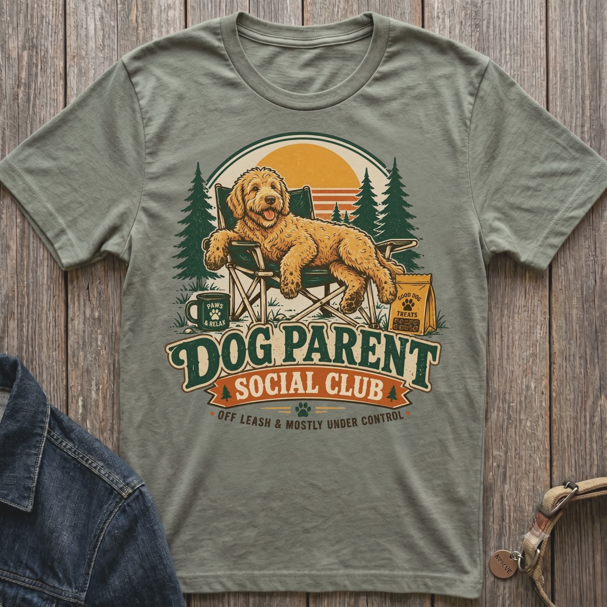 T-shirt with illustration of a dog sitting in a chair with text "Dog Parent Social Club."