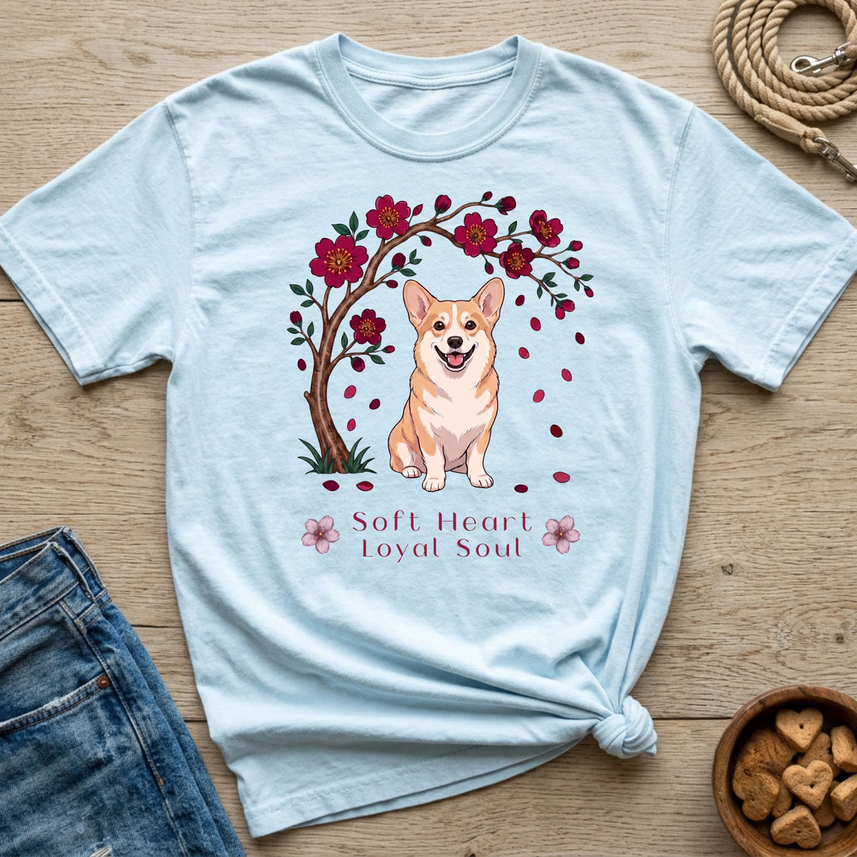 Light blue t-shirt with corgi under a cherry blossom tree and text "Soft Heart Loyal Soul."