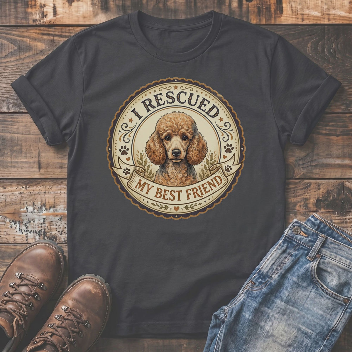 Dark grey t-shirt with poodle graphic that reads "I Rescued My Best Friend."