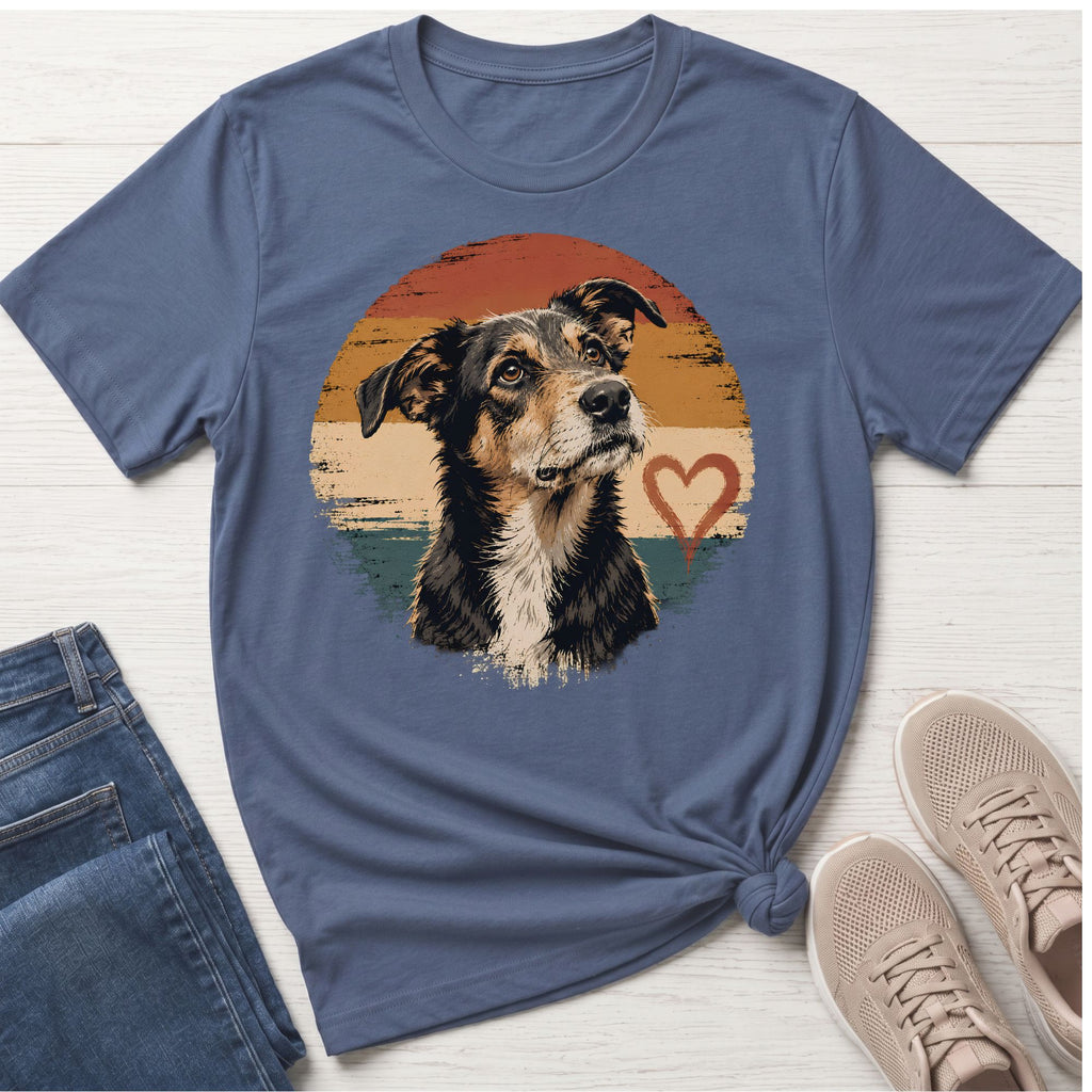Dog portrait with heart on vintage sunset stripes t-shirt