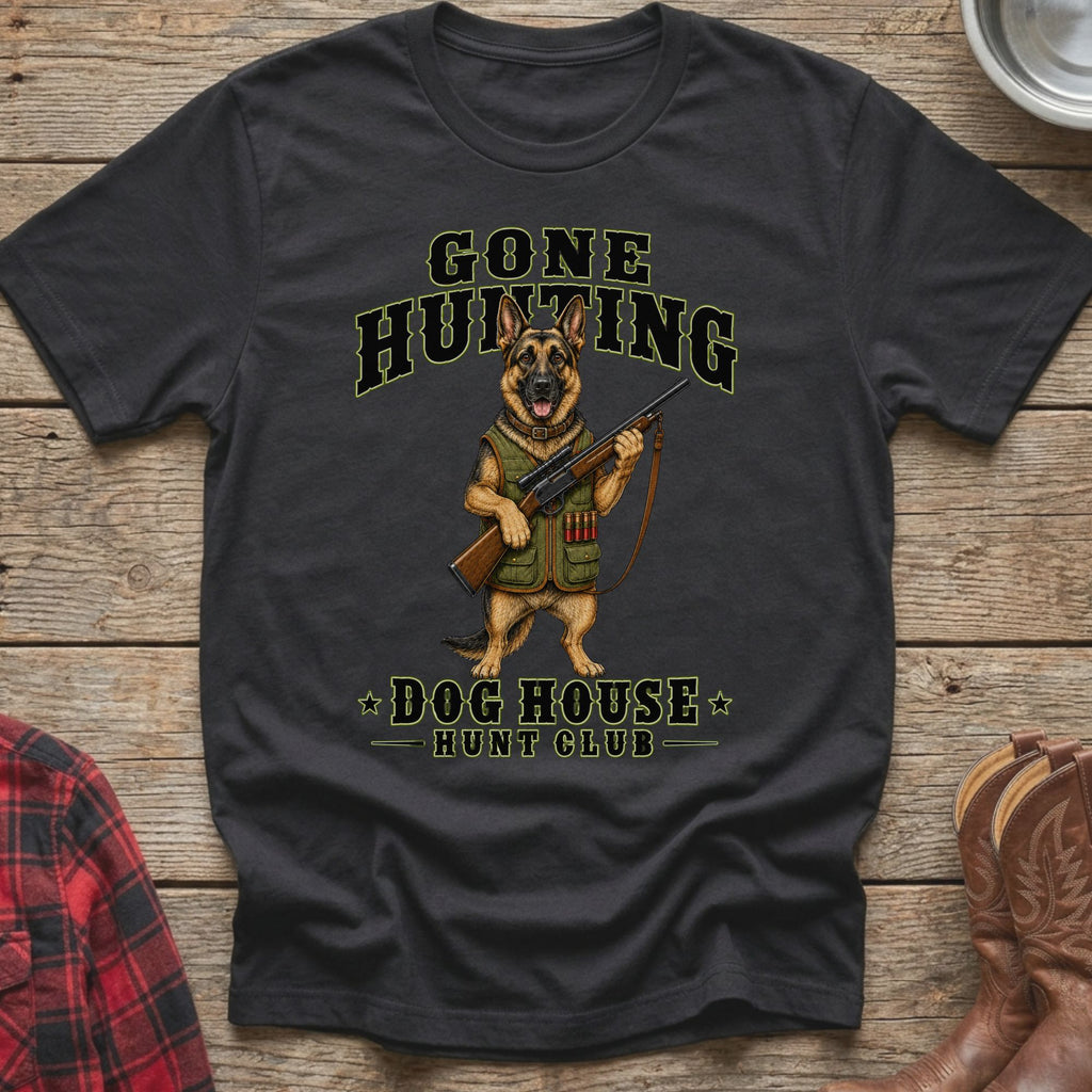 German Shepherd in hunting gear holding a rifle with text "Gone Hunting" and "Dog House Hunt Club".