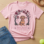 Pink t-shirt with a dachshund illustration and text "Soft Heart Loyal Soul".