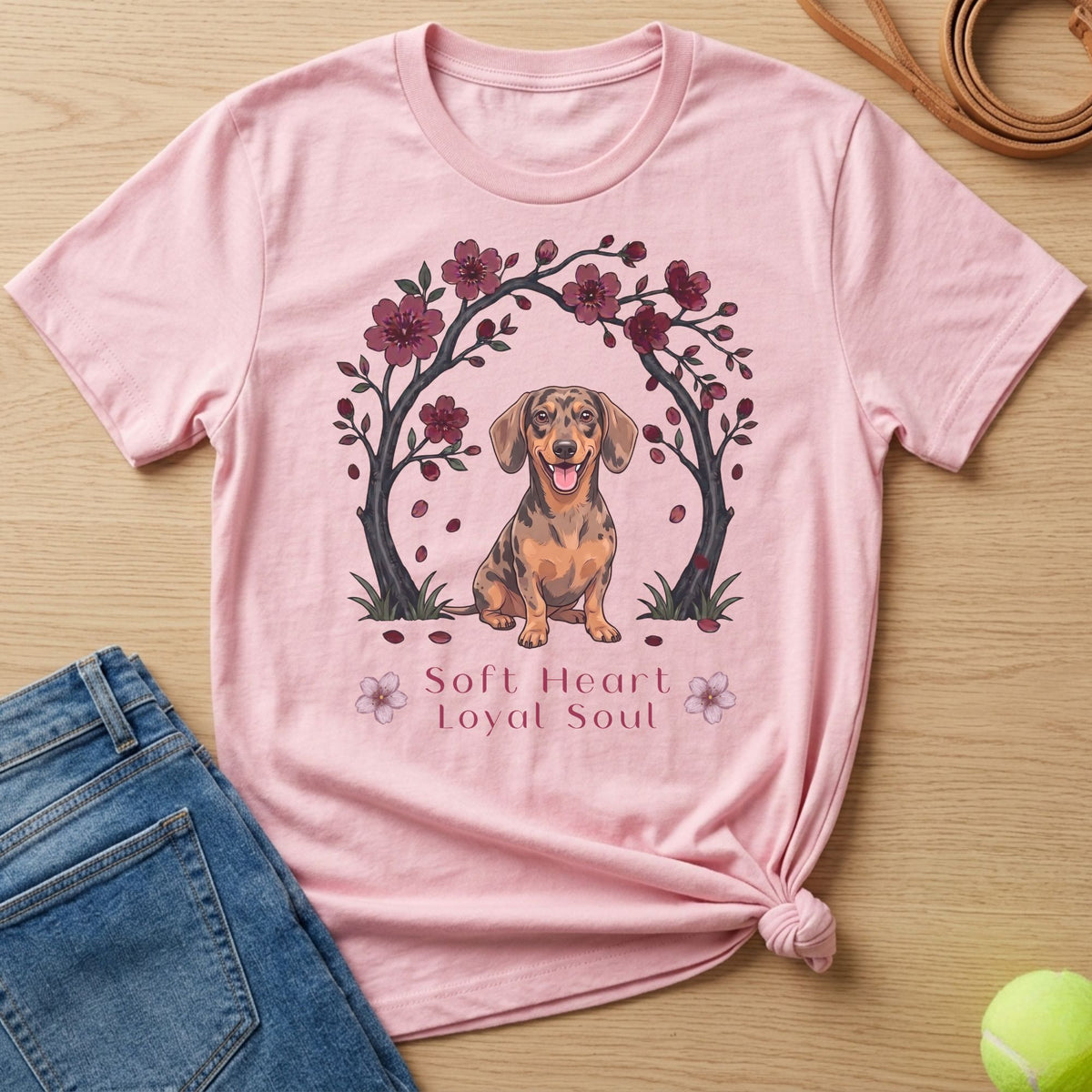 Pink t-shirt with a dachshund illustration and text "Soft Heart Loyal Soul".