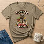 Yorkshire terrier graphic t-shirt with "Tiny Dog, Big Opinions" text.