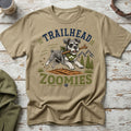 T-shirt with graphic of a schnauzer running with a stick, "TRAILHEAD ZOOMIES" text.