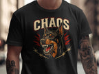 Black t-shirt with a graphic of a snarling dog and the word CHAOS above.