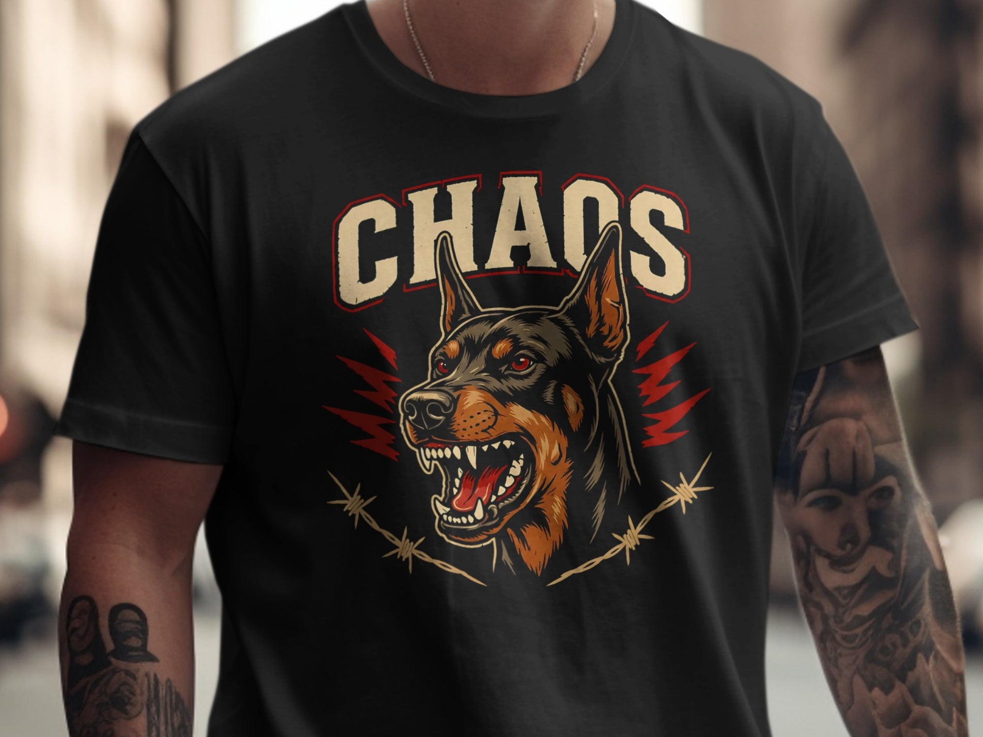 Black t-shirt with a graphic of a snarling dog and the word CHAOS above.