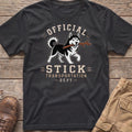 Husky dog with stick on t-shirt reading "Official Stick Transportation Dept."