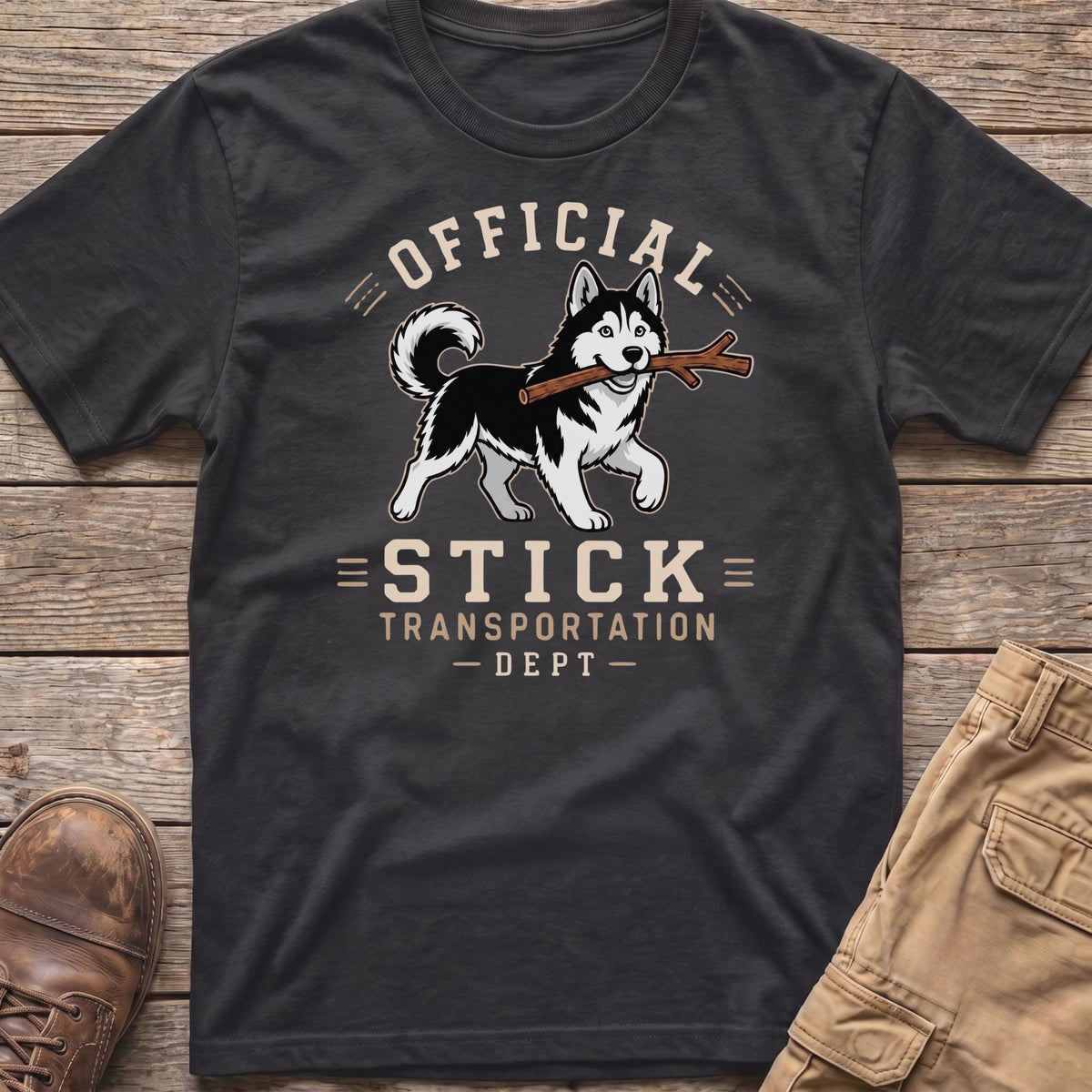Husky dog with stick on t-shirt reading "Official Stick Transportation Dept."