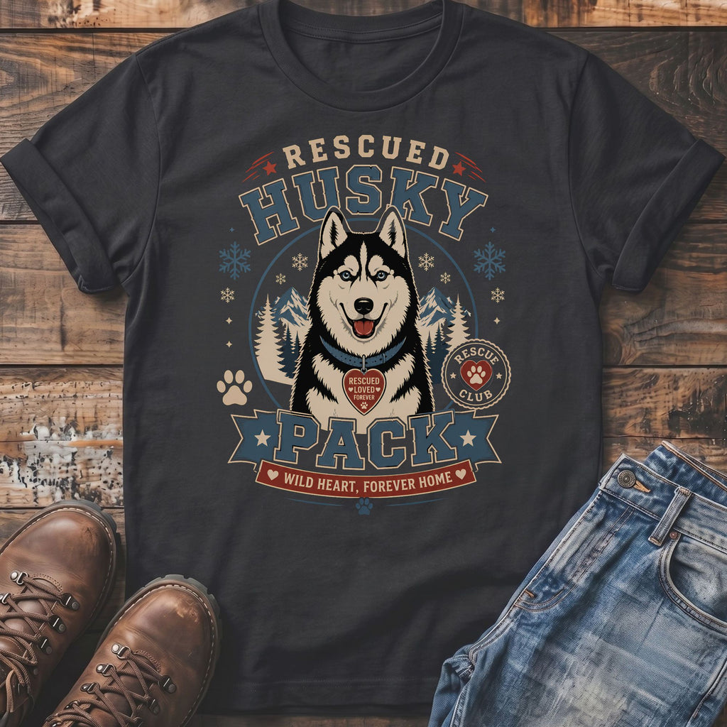 Dark t-shirt with a graphic of a rescued husky with text "Rescued Husky Pack".