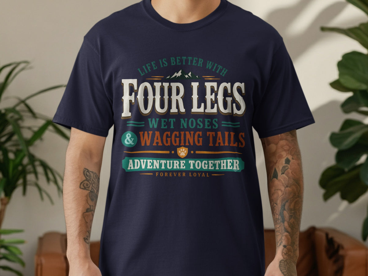 Navy t-shirt with text: "Life is better with Four Legs, Wet Noses, Wagging Tails. Adventure Together. Forever Loyal."