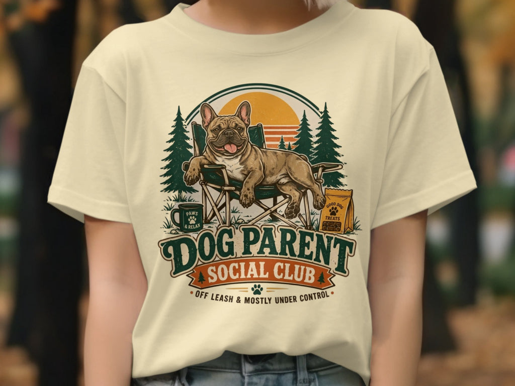 French bulldog relaxing in chair with "Dog Parent Social Club" text.