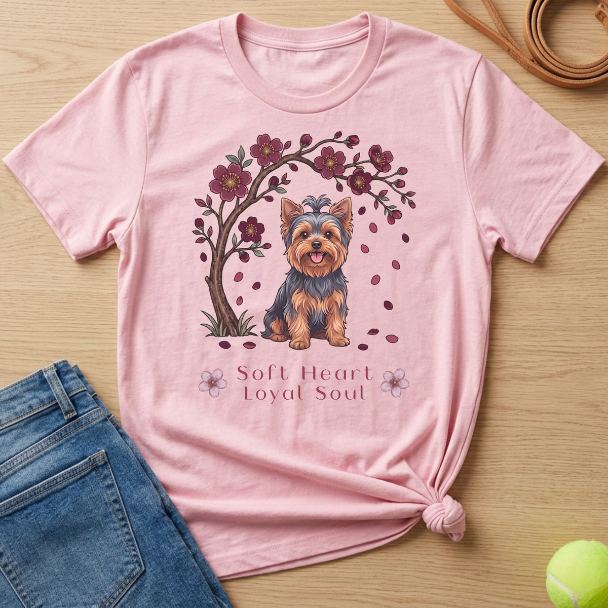 Pink t-shirt with a Yorkshire Terrier sitting under a cherry blossom tree.