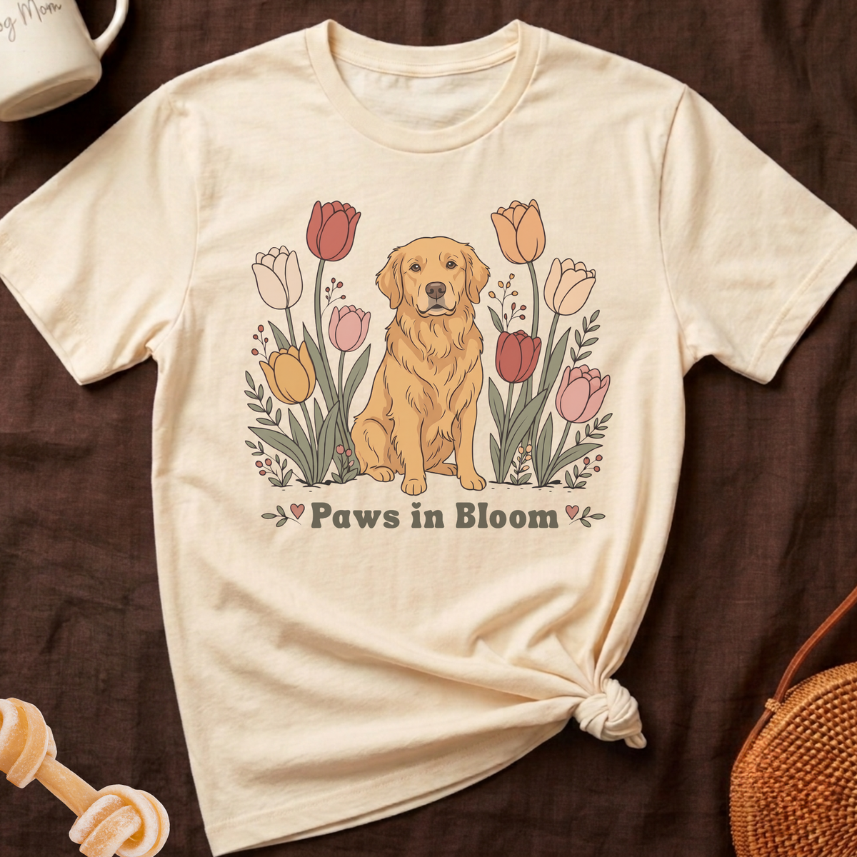 Golden retriever in front of tulips with text "Paws in Bloom".