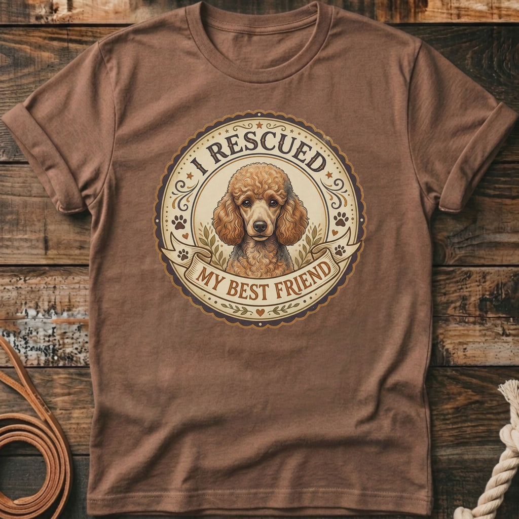 Brown t-shirt with poodle graphic and text "I RESCUED MY BEST FRIEND".