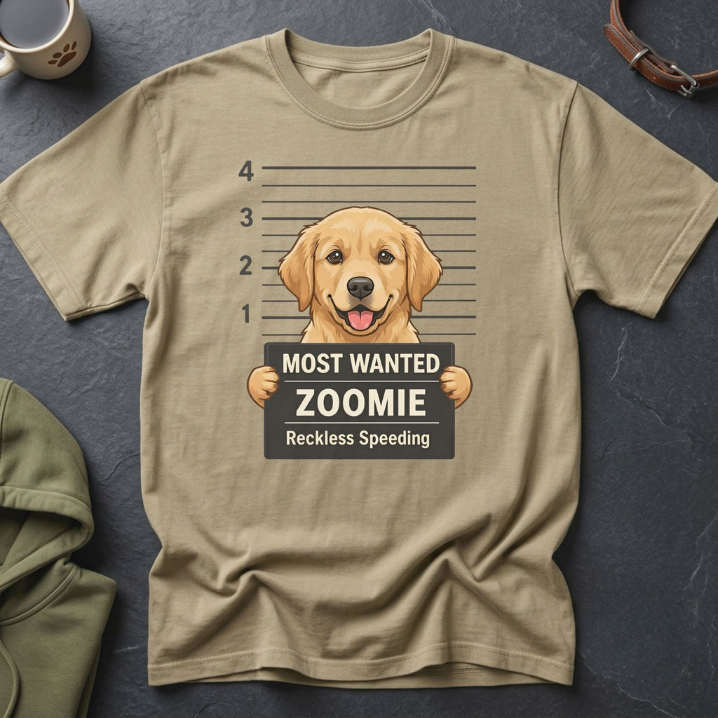 Golden retriever in mugshot holding sign: Most Wanted Zoomie, Reckless Speeding.