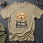Golden retriever in mugshot holding sign: Most Wanted Zoomie, Reckless Speeding.