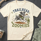 T-shirt with a schnauzer dog running with a stick, "Trailhead Zoomies" text.