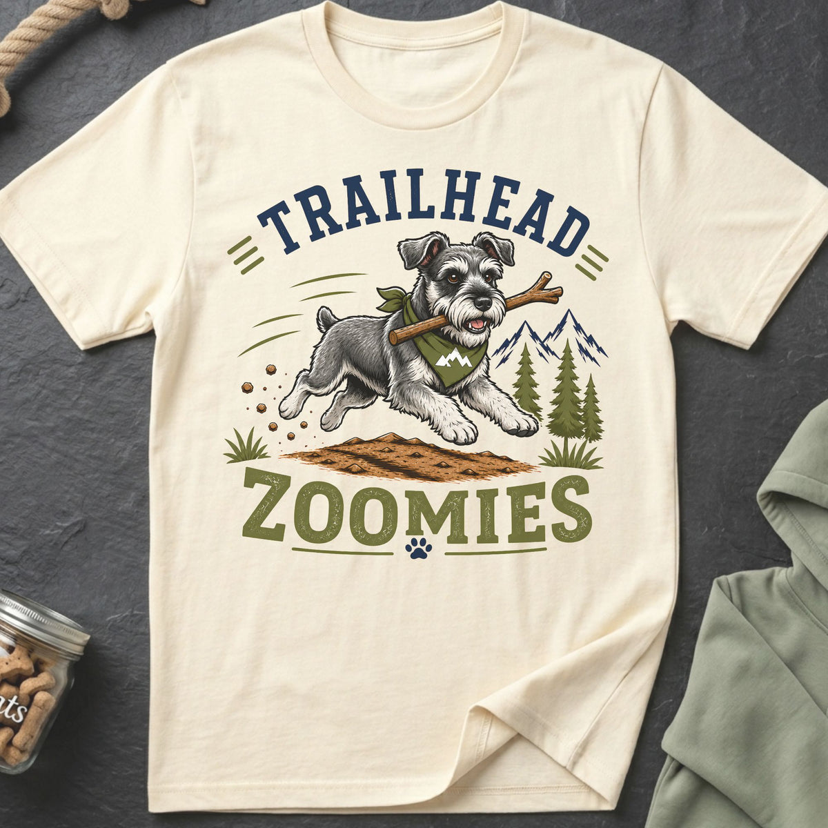T-shirt with a schnauzer dog running with a stick, "Trailhead Zoomies" text.