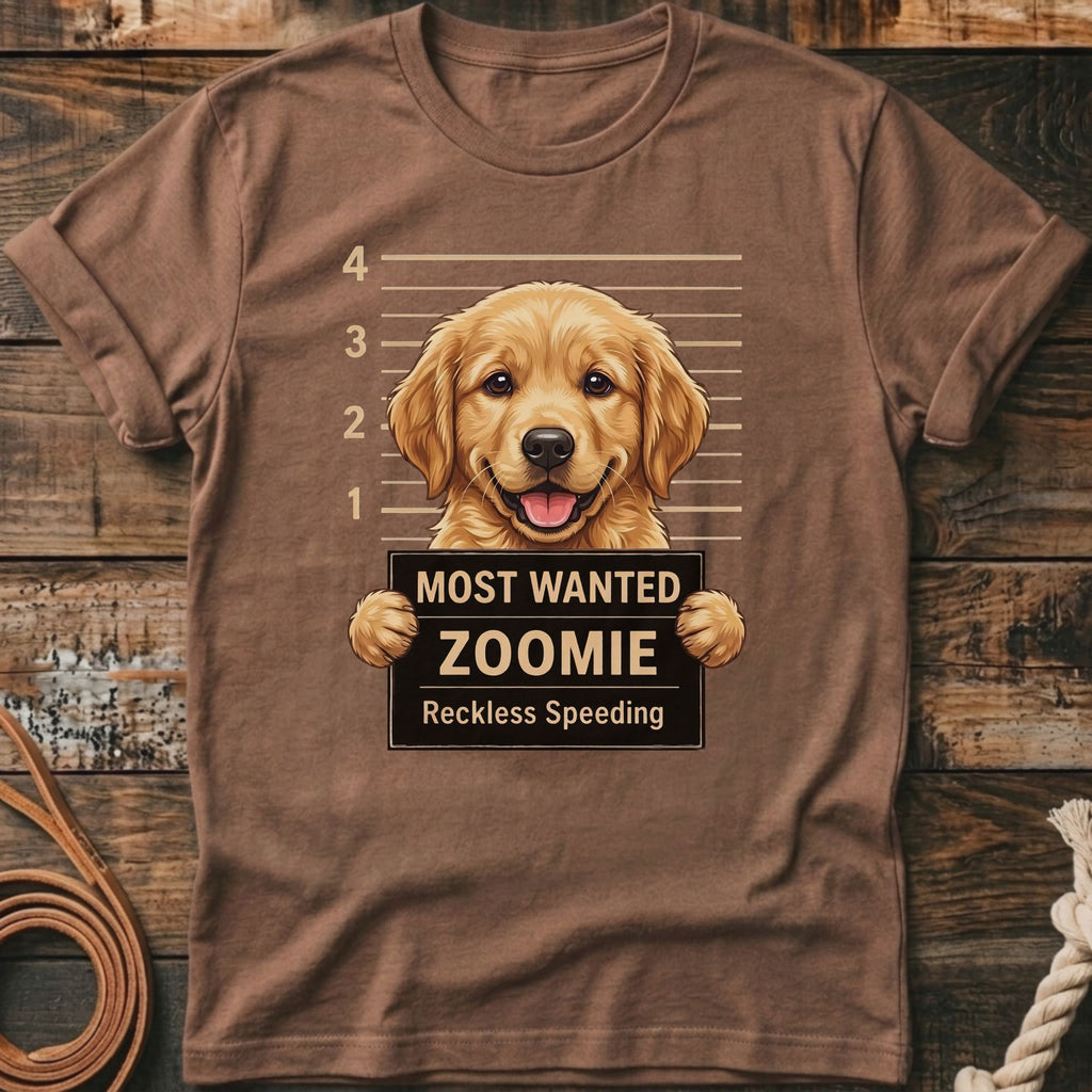 Golden retriever mugshot t-shirt with "Most Wanted Zoomie, Reckless Speeding" text.