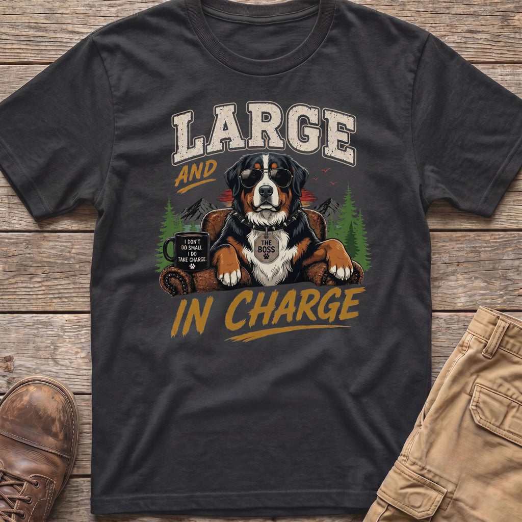 Bernese Mountain Dog wearing sunglasses and collar, with text "LARGE AND IN CHARGE".