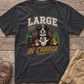 Bernese Mountain Dog wearing sunglasses and collar, with text "LARGE AND IN CHARGE".