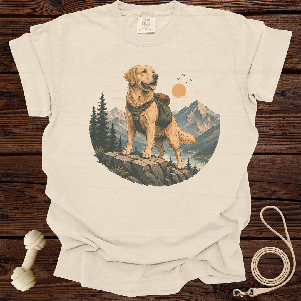 Golden retriever wearing a backpack stands on a rock with mountains and a lake.