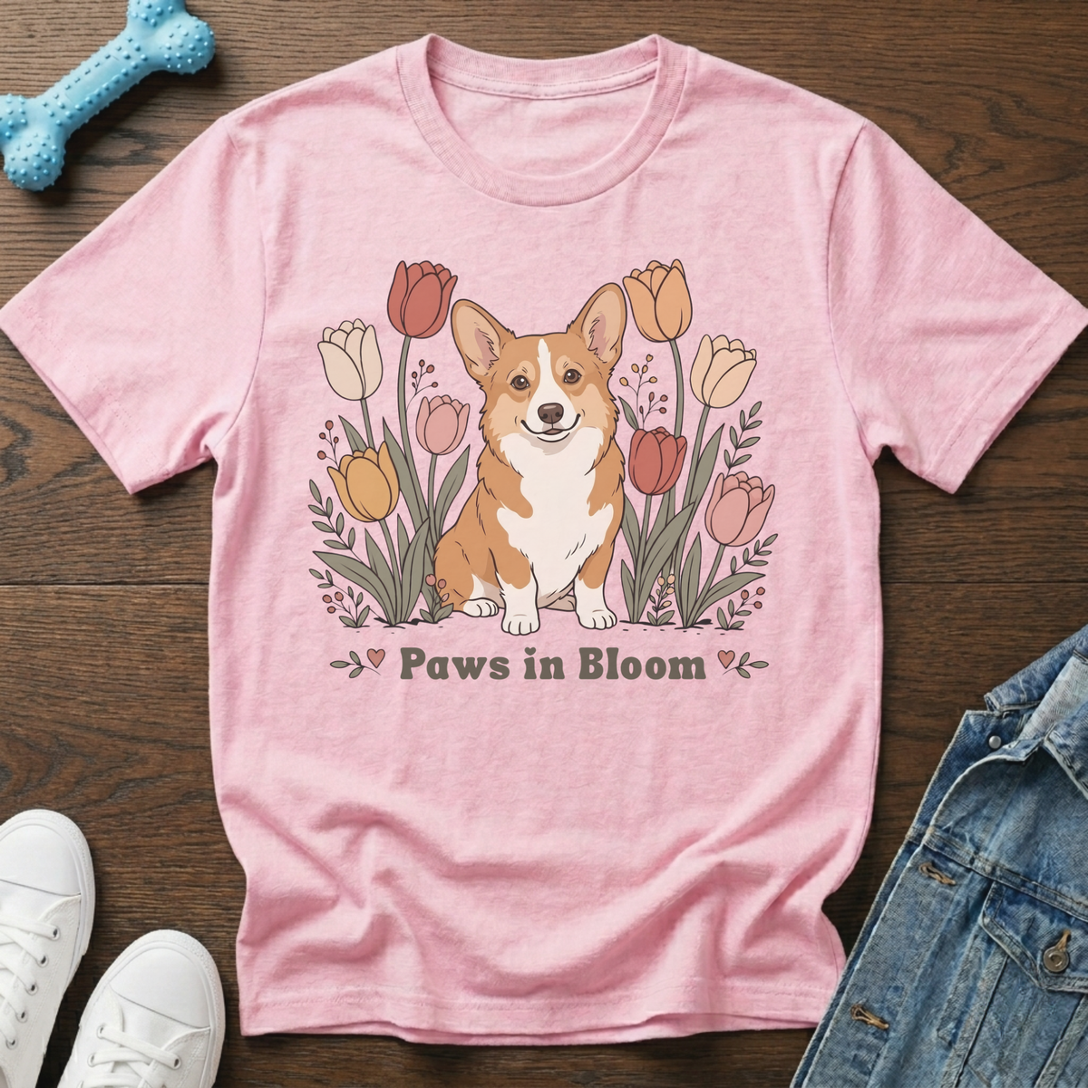 Pink t-shirt with cartoon corgi sitting among tulips and text "Paws in Bloom".