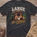 T-shirt with text "LARGE AND IN CHARGE" and a dog wearing sunglasses.