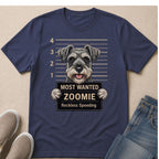 Miniature Schnauzer mugshot reading "MOST WANTED ZOOMIE Reckless Speeding".