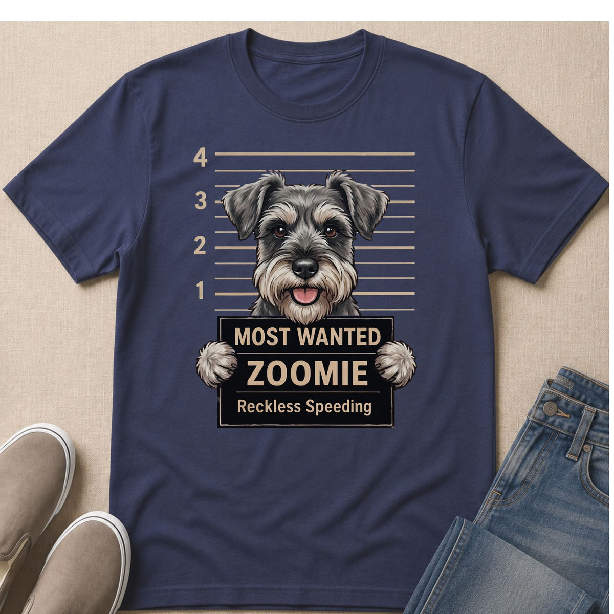Miniature Schnauzer mugshot reading "MOST WANTED ZOOMIE Reckless Speeding".