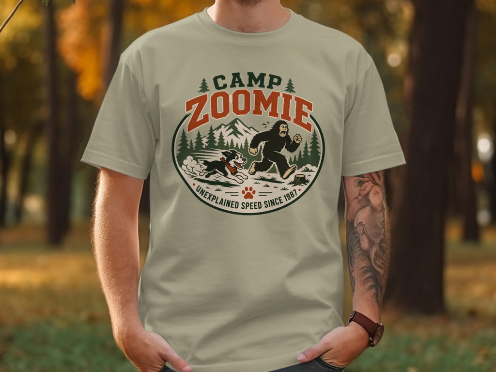 Camp Zoomie t-shirt graphic: Bigfoot and dog running, "Unexplained Speed Since 1987".