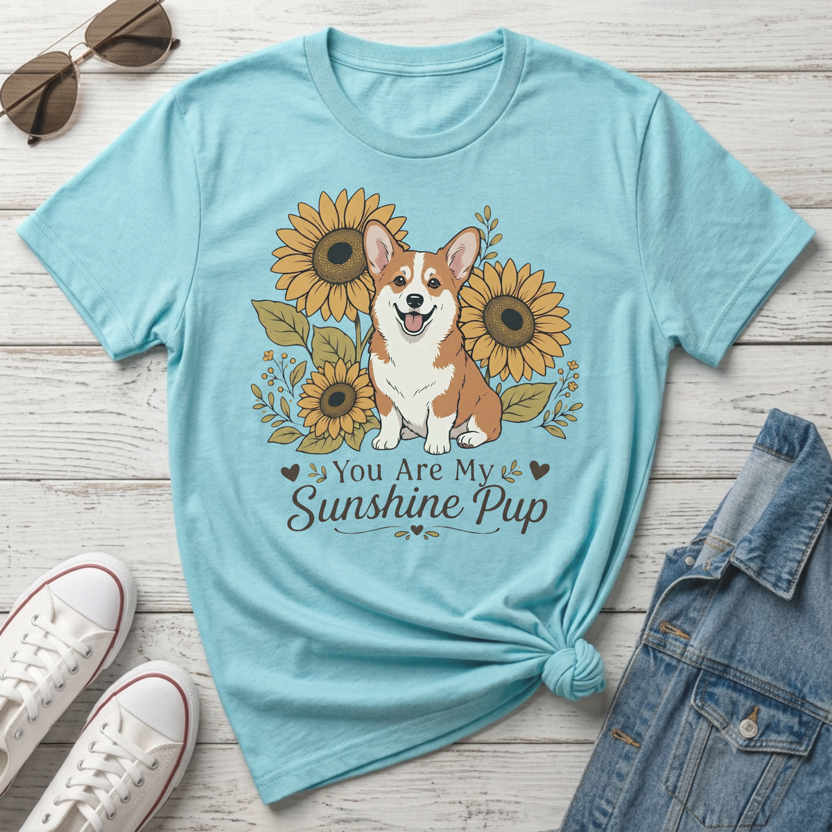 Blue t-shirt with a smiling corgi among sunflowers, text reads "You Are My Sunshine Pup".