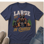 Doberman wearing sunglasses and "The Boss" tag, with text "Large and In Charge".