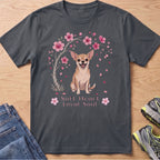Gray t-shirt with a smiling chihuahua under a cherry blossom tree with text "Soft Heart Loyal Soul".