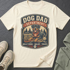 T-shirt with "Dog Dad Department" logo, Rottweiler, toolbox, leashes, and ball.