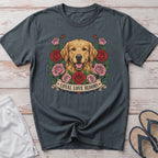 Golden Retriever surrounded by red and pink roses with "Loyal Love Blooms" banner.
