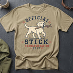Tan t-shirt with a Labrador carrying a stick and text that reads "Official Stick Transportation Dept".