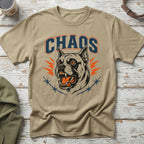 Tan t-shirt with blue "CHAOS" text and aggressive dog graphic.