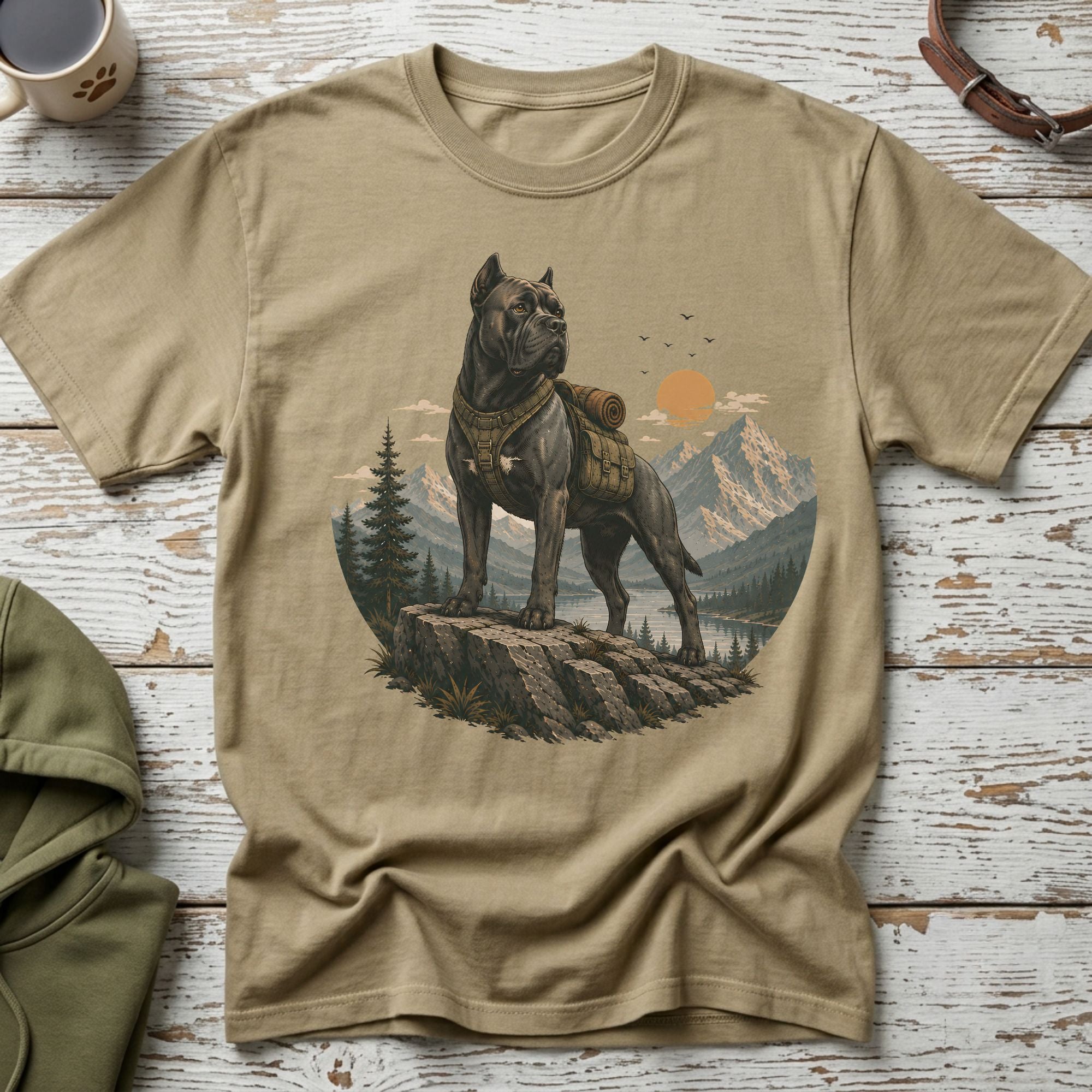T-shirt with graphic of dog wearing backpack in mountain landscape