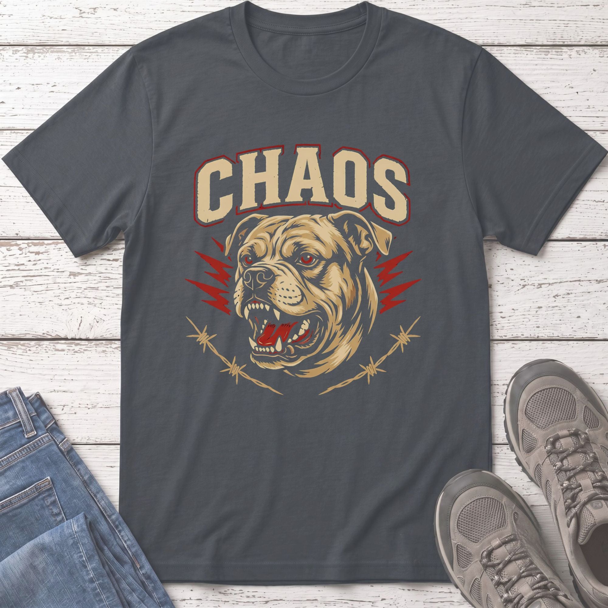 T-shirt with a snarling bulldog graphic and "CHAOS" text, featuring barbed wire.
