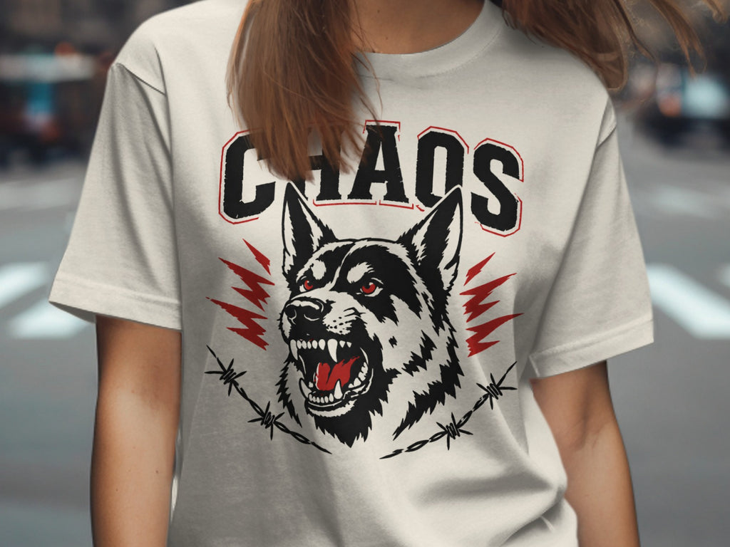 White t-shirt with "CHAOS" text and a snarling dog graphic with barbed wire.