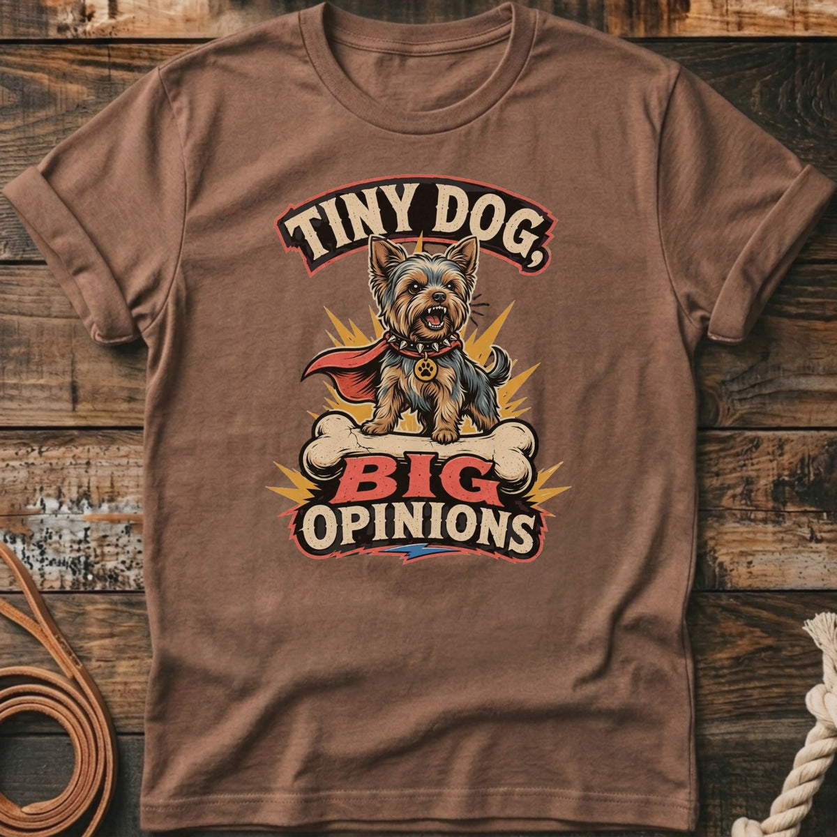 Yorkshire terrier with cape on bone, text "Tiny Dog, Big Opinions".
