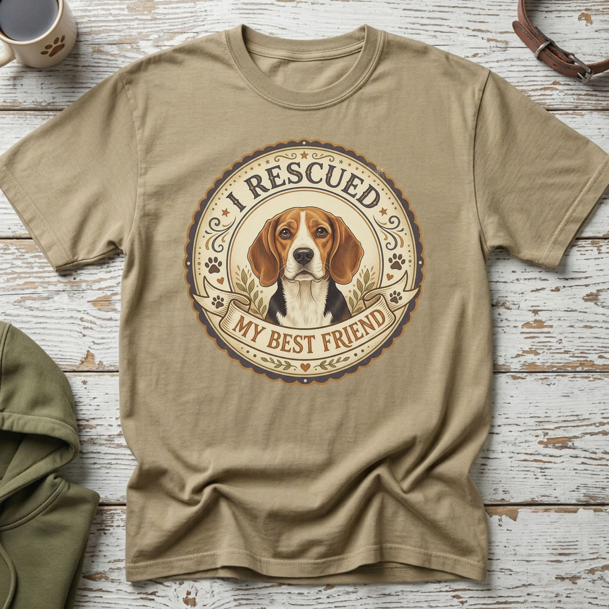 Tan t-shirt with beagle graphic and text "I rescued my best friend."