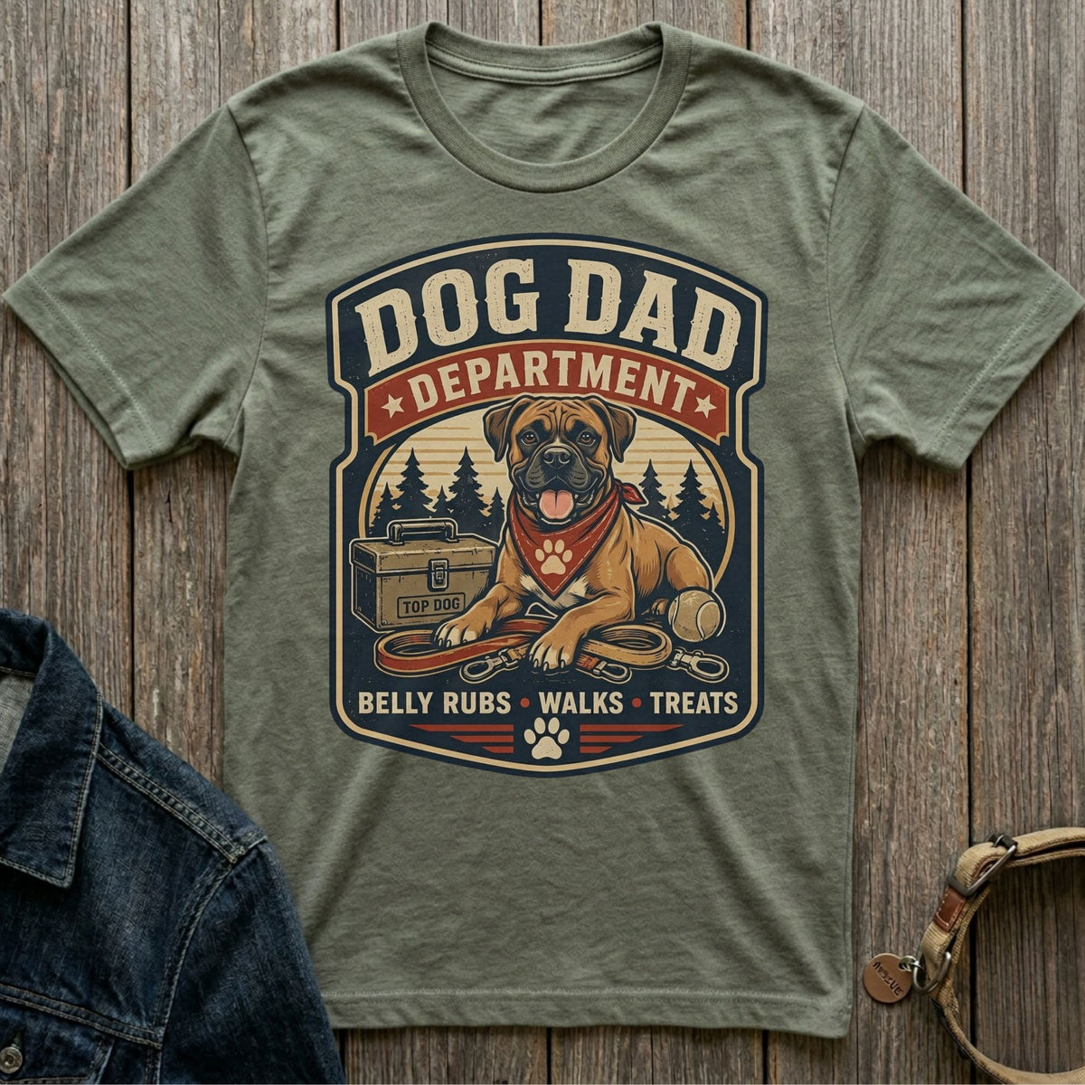 Dog Dad Department graphic with a dog, leash, treat box, and tennis ball.