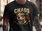 Black t-shirt with "CHAOS" text and a fierce bulldog graphic with barbed wire.