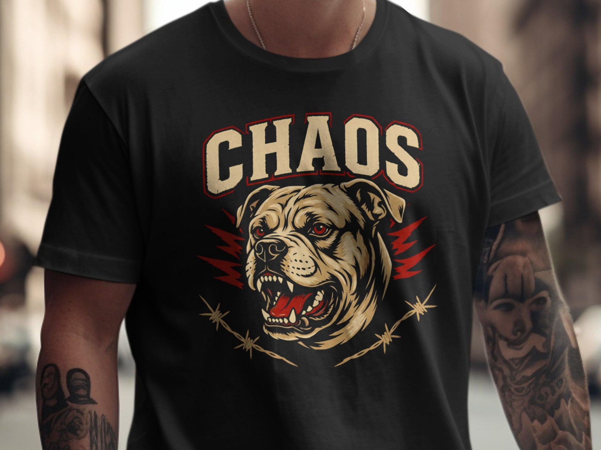Black t-shirt with "CHAOS" text and a fierce bulldog graphic with barbed wire.