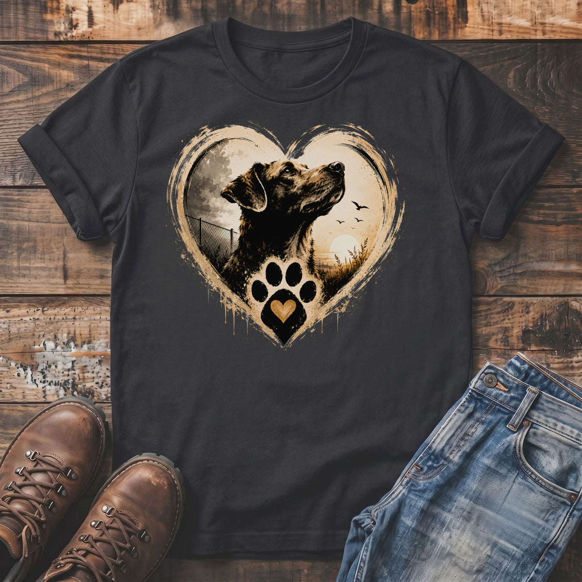 Dark t-shirt with heart-shaped dog paw print graphic and sunset scene.